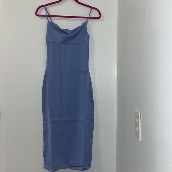 NWT Weworewhat slate blue satin charmeuse slip cowl midi dress spaghetti straps - Picture 2 of 14